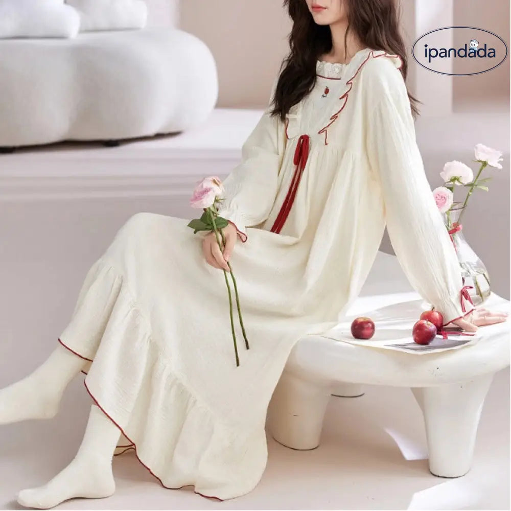 オーガニックコットン ガーゼ パジャマ ワンピース 女性 秋季 ラウンドネック Vネック プルオーバー 長袖 ロング ドレス 春 外出可能 少女用ドレス ID2295