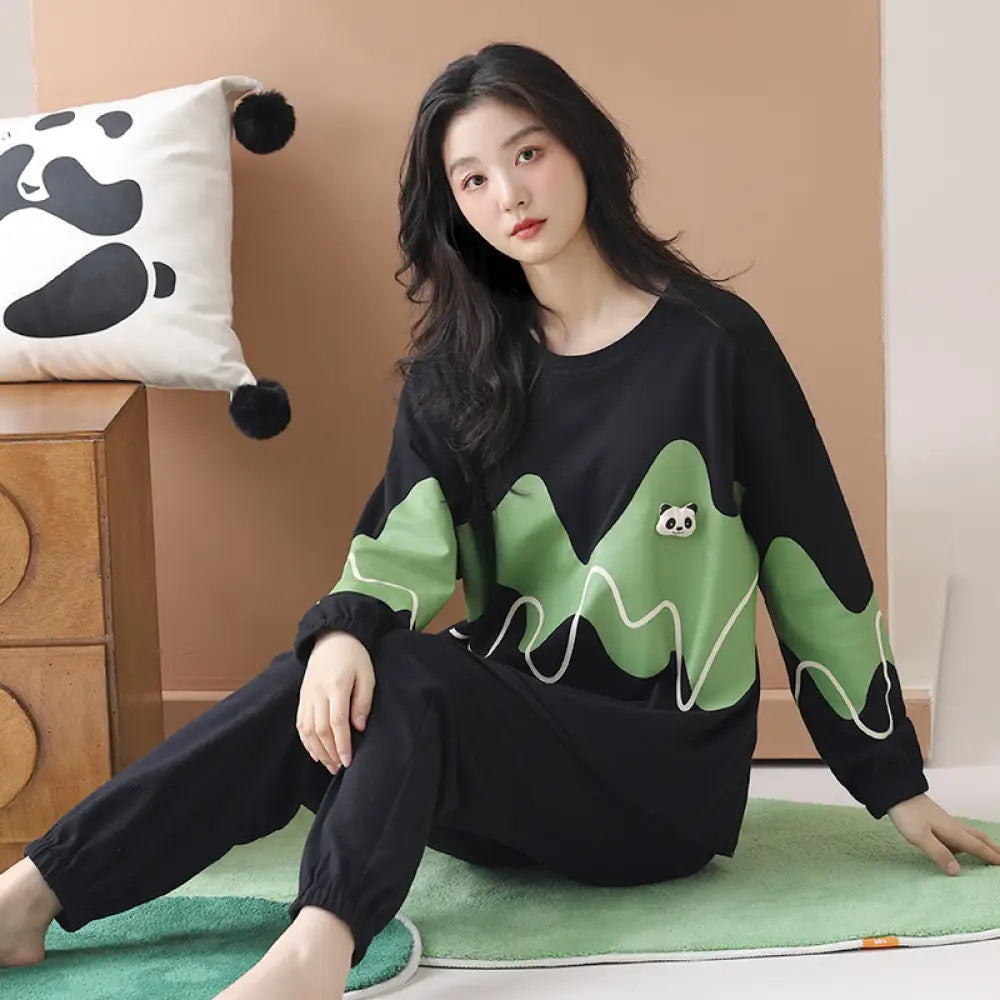 パジャマ カップ付き 胸パッド付き 綿100％ パンダ柄 ルームウェア レディース 長袖 長ズボン パンダ柄 ウエストゴム 上下セット セットアップ コットン おしゃれ 可愛い カジュアル 春 秋 快適 ゆったり 部屋着 寝巻き 寝間着