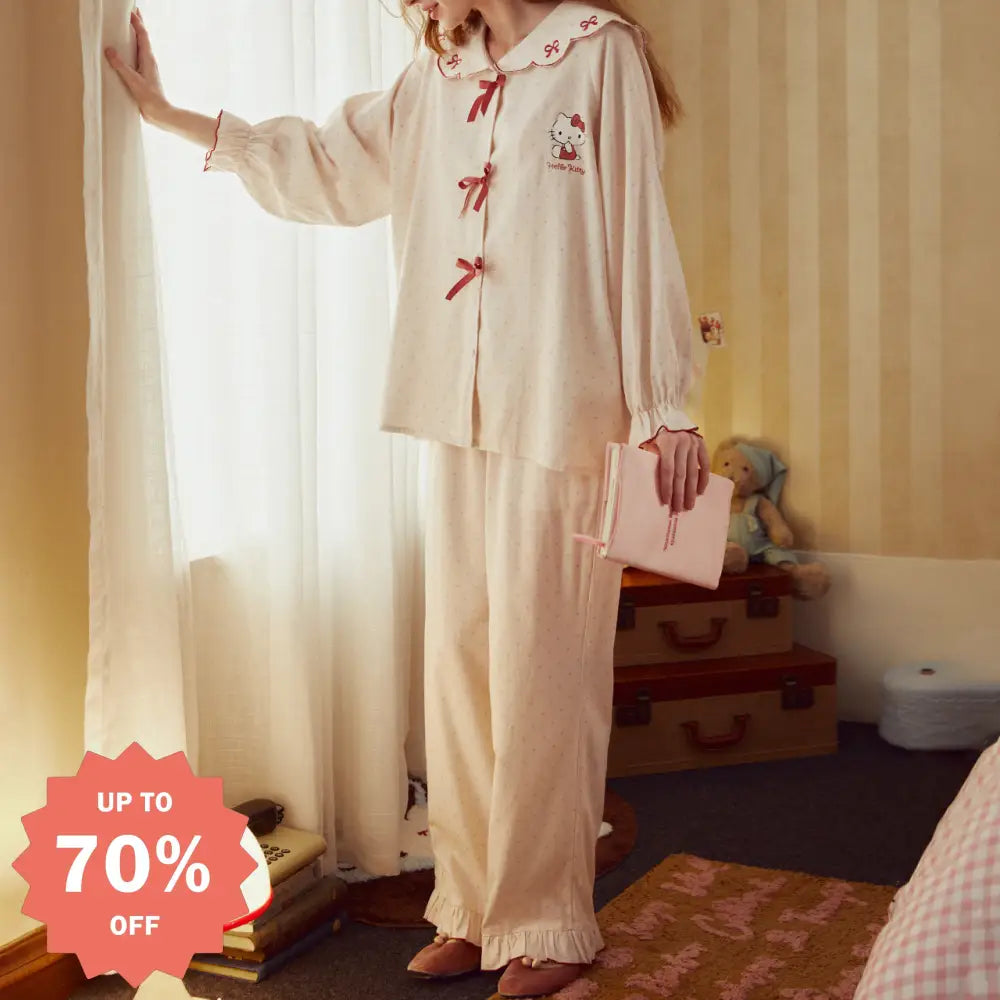 パジャマ カートゥーン 新作 スイートカラー リボン付き レディース 春秋用 ID3802