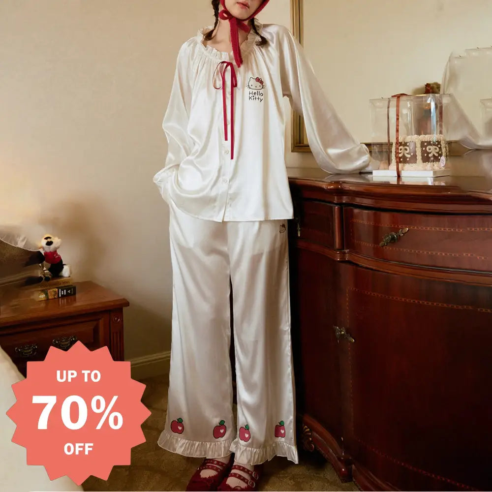 パジャマ 女 春秋 新作 キティ かわいい アイスシルク ゆったり ルームウェア リラックス 部屋着 寝間着 大人可愛い 長袖 セット ID4924 写真通り / S レディース＞セットアップ