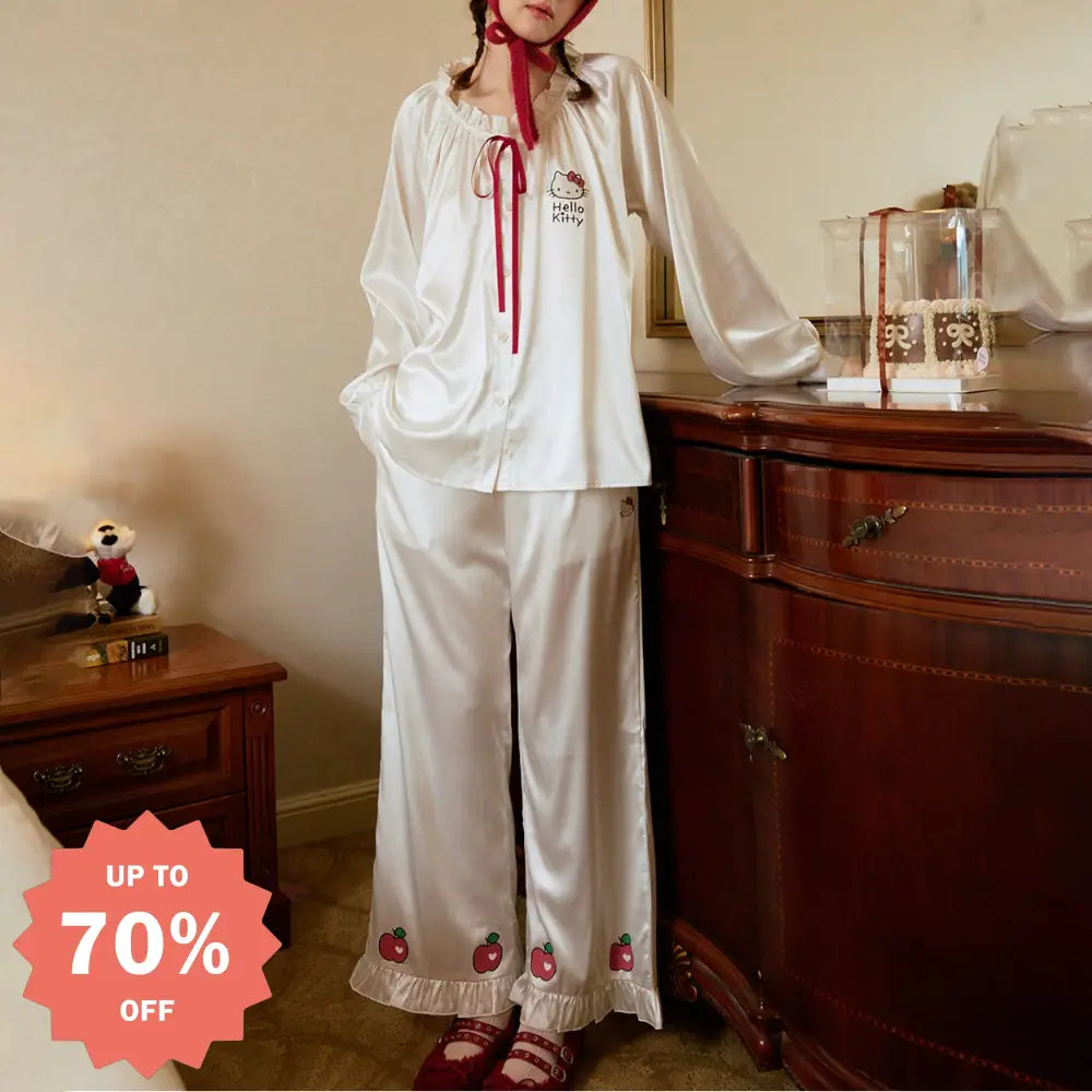 パジャマ 女 春秋 新作 キティ かわいい アイスシルク ゆったり ルームウェア リラックス 部屋着 寝間着 大人可愛い 長袖 セット ID4924 写真通り / S レディース＞セットアップ