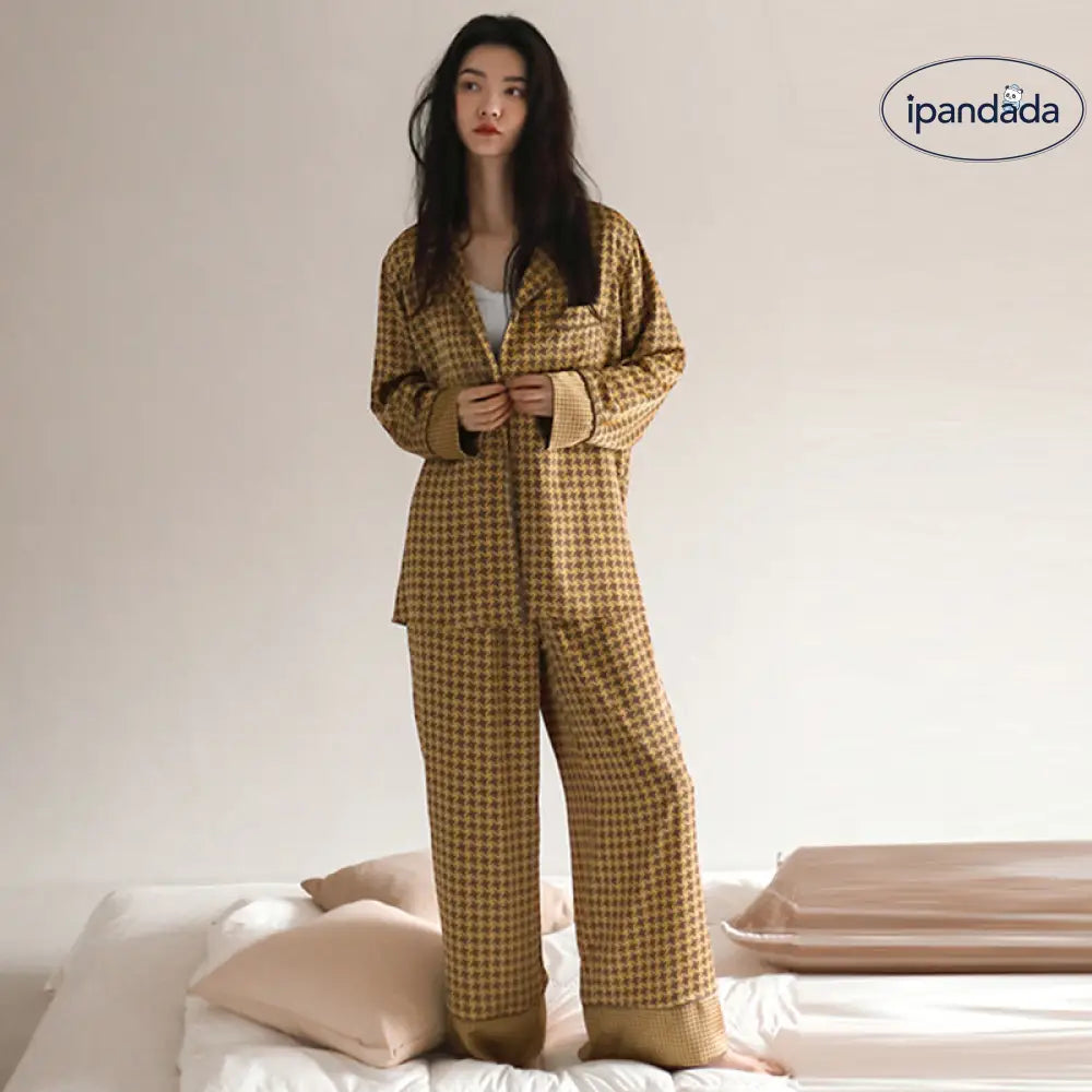 パジャマ レディース 春秋 柔らかい コットン 長袖 ルームウェア チェック柄 ゆったり 外出可能 ルームウェアセット ID3965
