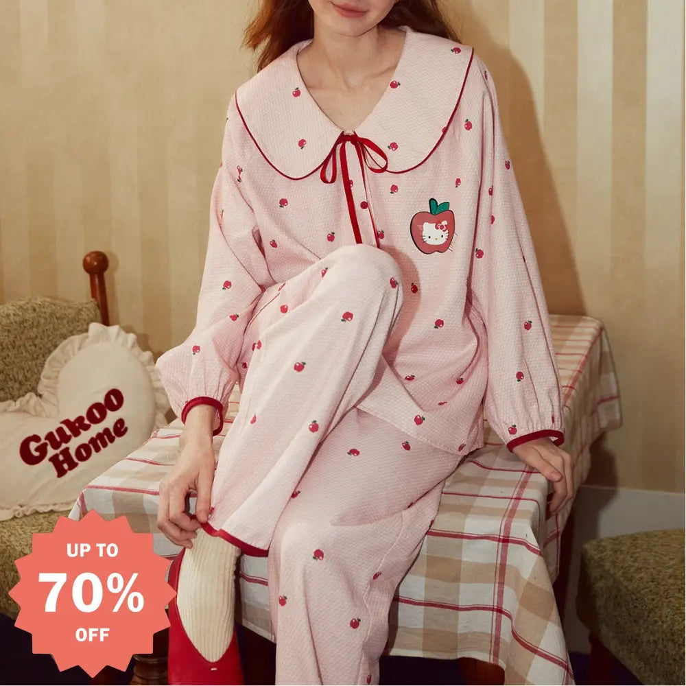 パジャマ レディース 春秋 長袖 ドールカラー リンゴ 女性用 ルームウェア セットアップ ID3813 写真通り / S