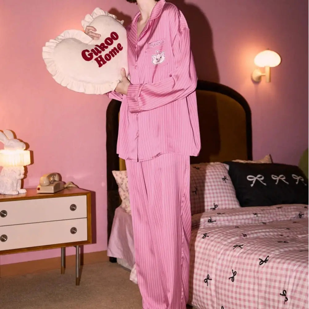 パジャマ レディース パジャマセット マリーキャット アイスシルク ルームウェア ストライプ 快適 セットアップ ID3816 写真通り / S