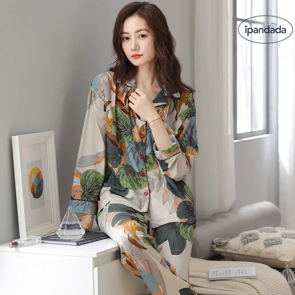 パジャマ レディース 長袖 綿 コットン アート柄 春 秋 前開き 開襟 襟付き 入院 産後 ルームウェア 2点セット 通年 オールシーズン ナイトウェア 上下セット セットアップ ロングスリーブ ロングパンツ 通気性 快適 部屋着