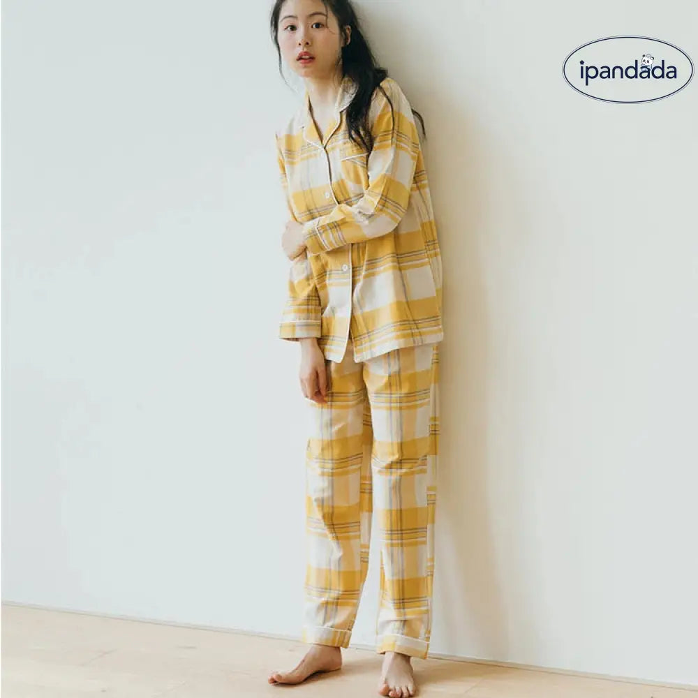 パジャマ 綿100％ 長袖 ウエストゴム 前開き 上下セット セットアップ イエロー チェック ルームウェア 婦人 レディース 春 秋 冬 ゆったり 部屋着 寝巻き 寝間着 可愛い 透けない 柔らか 入院 産後 ナイトウェア ギフト