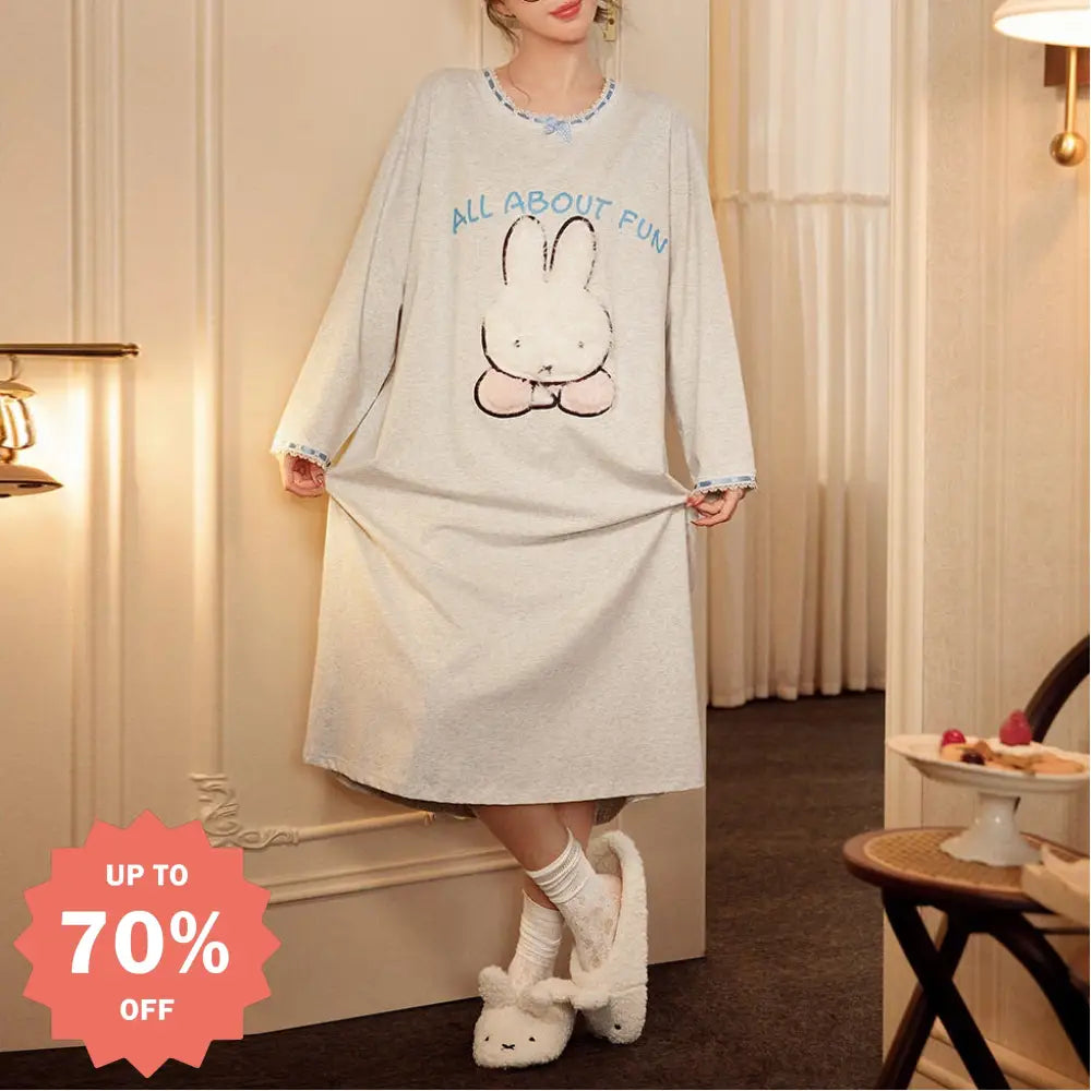 【ギフト】配色 ミッフィー パジャマ レディース 春秋 長袖 ネグリジェ ワンピース 夏も使える 冷房対策 オールシーズン 柔らか 肌触り かわいい 甘め キャラクター 部屋着 ルームウェア おしゃれ カジュアル プレゼント ID4254