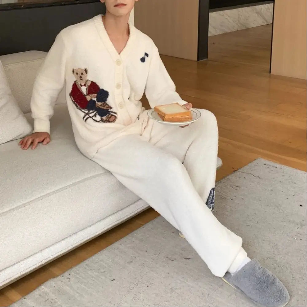 秋冬 新作 カートゥーン 韓国風 コーヒー ベア フリース ニット パジャマ 部屋着 ふわふわ メンズ アウター ID3417 アイボリー / フリー