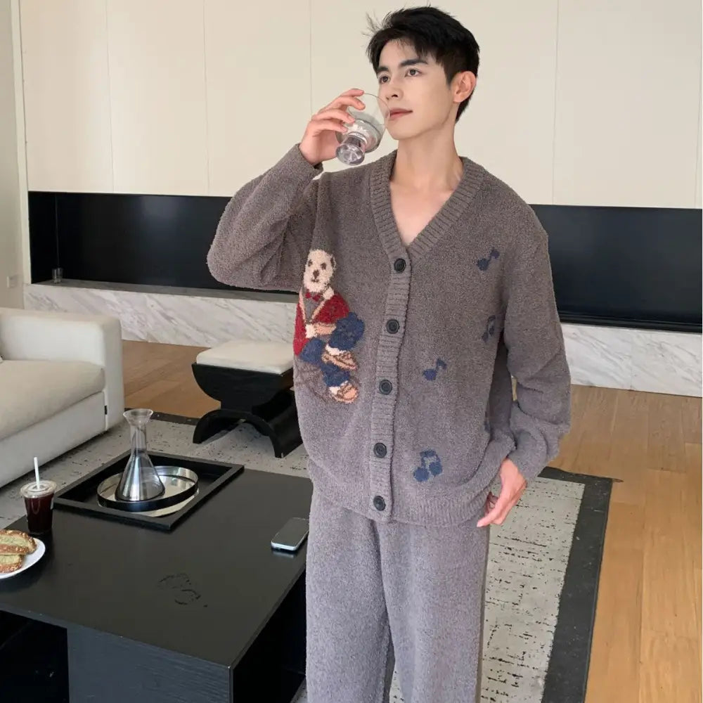 秋冬 新作 カートゥーン 韓国風 コーヒー ベア フリース ニット パジャマ 部屋着 ふわふわ メンズ アウター ID3417 グレー / フリー