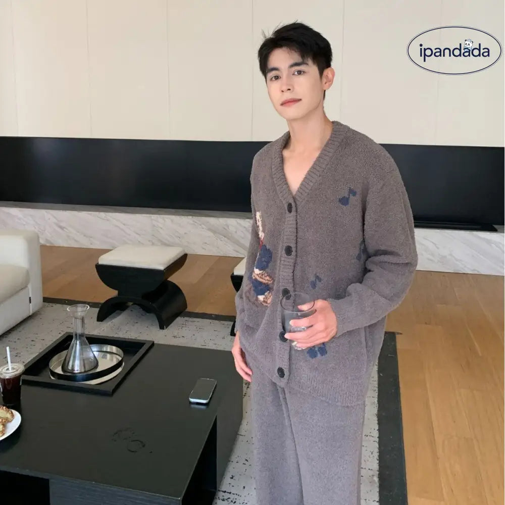 秋冬 新作 カートゥーン 韓国風 コーヒー ベア フリース ニット パジャマ 部屋着 ふわふわ メンズ アウター ID3417