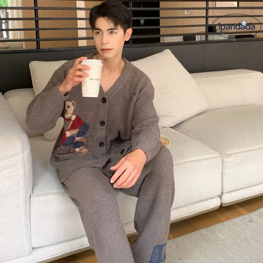 秋冬 新作 カートゥーン 韓国風 コーヒー ベア フリース ニット パジャマ 部屋着 ふわふわ メンズ アウター ID3417