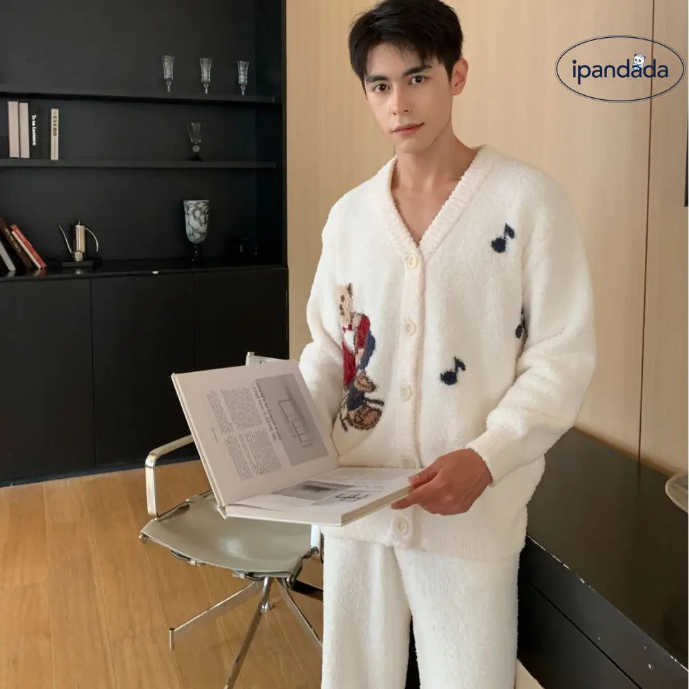 秋冬 新作 カートゥーン 韓国風 コーヒー ベア フリース ニット パジャマ 部屋着 ふわふわ メンズ アウター ID3417