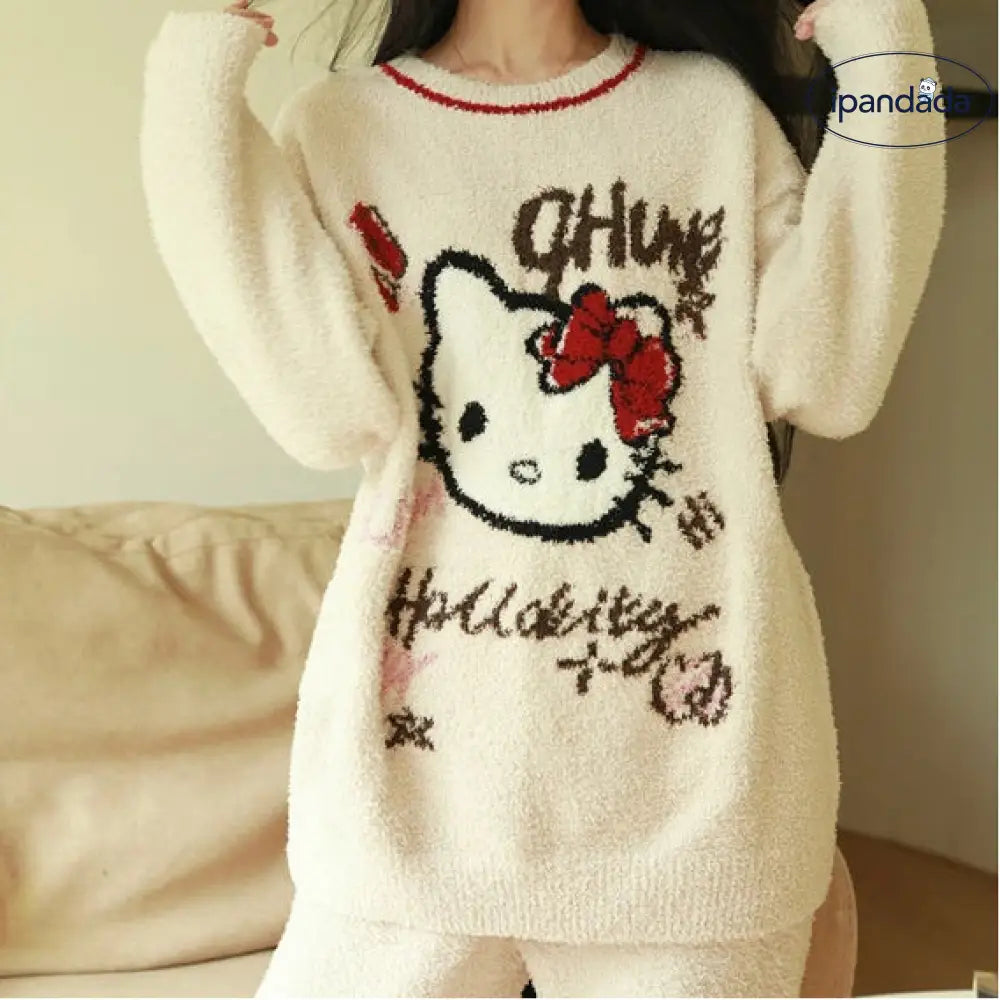 秋冬用 ラウンドネック かわいい フリース プルオーバー ルームウェア もこもこ ハローキティ ID3600 写真通り / フリー
