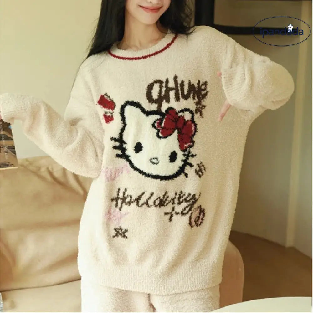 秋冬用 ラウンドネック かわいい フリース プルオーバー ルームウェア もこもこ ハローキティ ID3600 写真通り / フリー