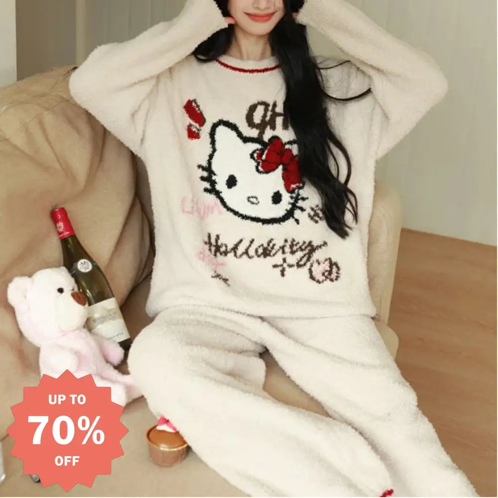 秋冬用 ラウンドネック かわいい フリース プルオーバー ルームウェア もこもこ ハローキティ ID3600 写真通り / フリー