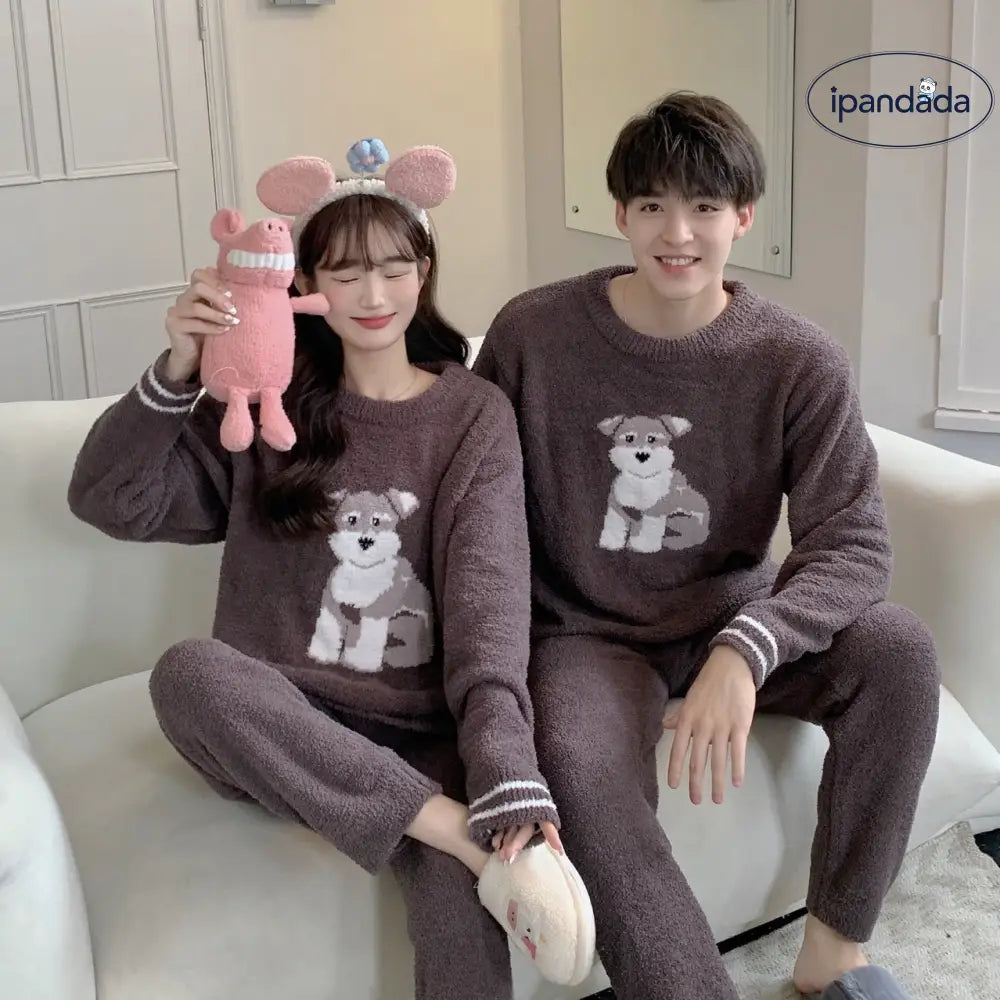 犬柄 ペアパジャマ カップル もこもこ ルームウェア 上下セット 秋冬 あったか 長袖 長ズボン 男女兼用 可愛い 部屋着 冬用プレゼント におすすめ カップル クリスマスギフト 人気 クリスマスプレゼント 2025 ID3386