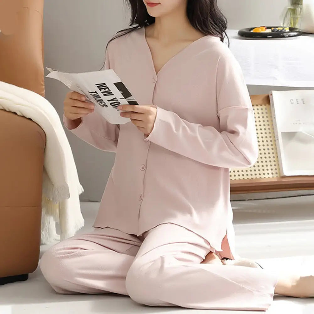 ルームウェア パジャマ レディース 綿 襟なし 長ズボン 春用 夏用 哺乳 敏感肌 高齢者 ふんわり 柔らかい 前開き 上下セット 部屋着 入院 敬老の日 母の日 ピンク / M レディース＞セットアップ