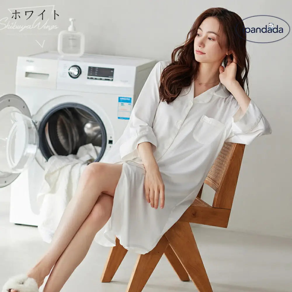ルームウェア シャツワンピース ナイトウェア ワンピース シルクタッチ パジャマ レディース サテン調 七分丈袖 春 夏 秋 リラックス ルームワンピース シルクタッチ サテン ランジェリー 光沢 誕生日プレゼント かわいい おしゃれ