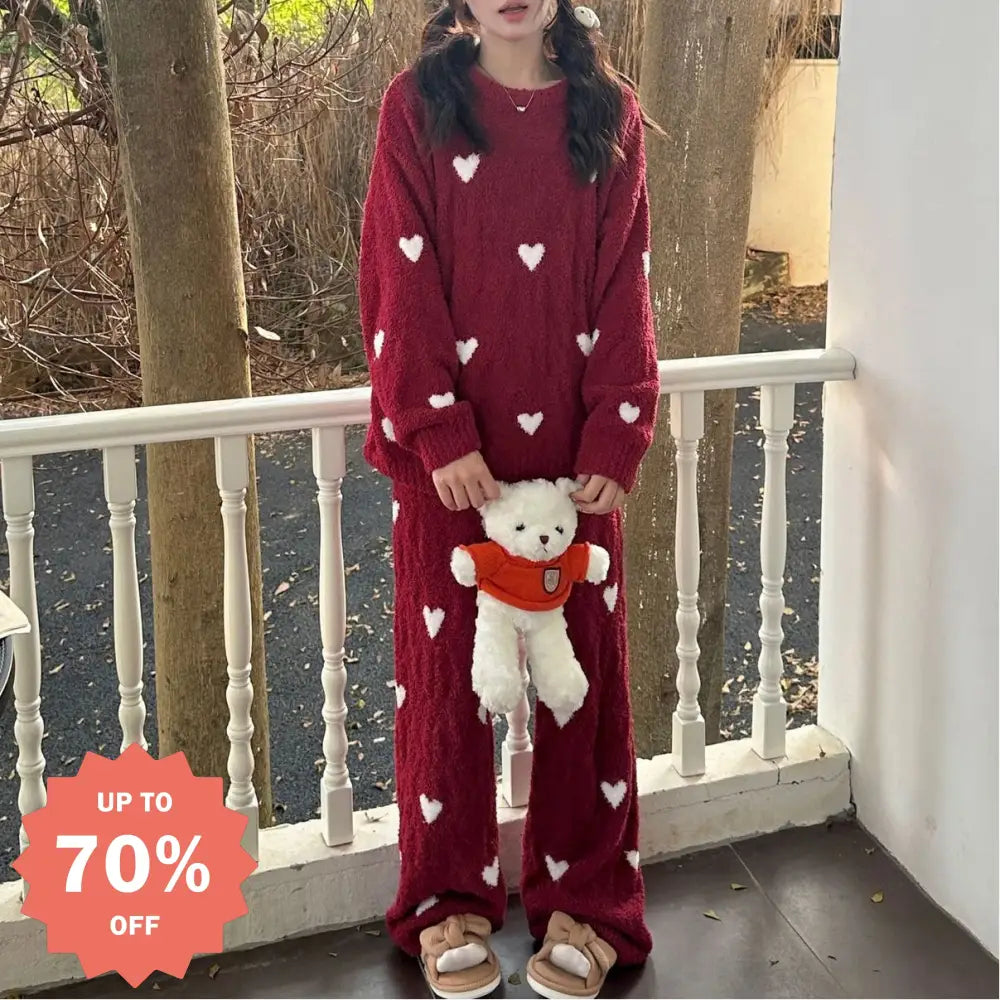 ルーズ ハート柄 赤い ソフト ふわもこ モコモコ フリース レディース ルームウェア 可愛い 暖かい あったか 長袖 部屋着 パジャマ セット ID3714 レディース＞セットアップ