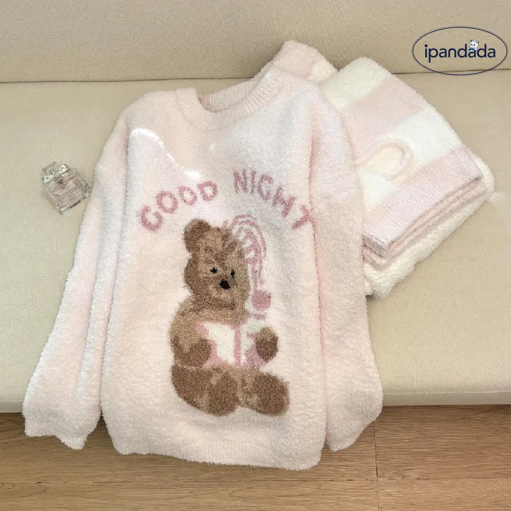 ふわもこ パジャマ レディース 冬用 小熊柄 セットアップ 長袖 トップス ロングパンツ 可愛い あったか ルームウェア 柔らかい 伸縮性 快適 部屋着 もこもこ 防寒 ナチュラル ピンク 人気 ID3446 レディース＞セットアップ