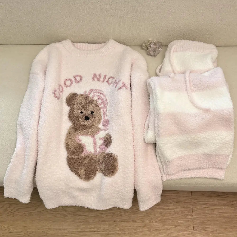 ふわもこ パジャマ レディース 冬用 小熊柄 セットアップ 長袖 トップス ロングパンツ 可愛い あったか ルームウェア 柔らかい 伸縮性 快適 部屋着 もこもこ 防寒 ナチュラル ピンク 人気 ID3446 ピンク / S