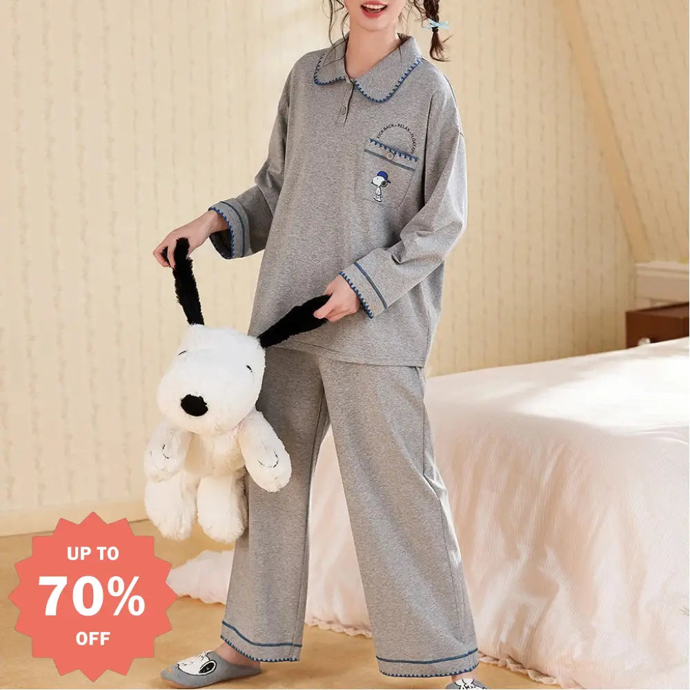 スヌーピー コットン 長袖 パジャマ レディース 新作 シンプル 可愛い アニメ 春秋 セット ID4175 グレー / M