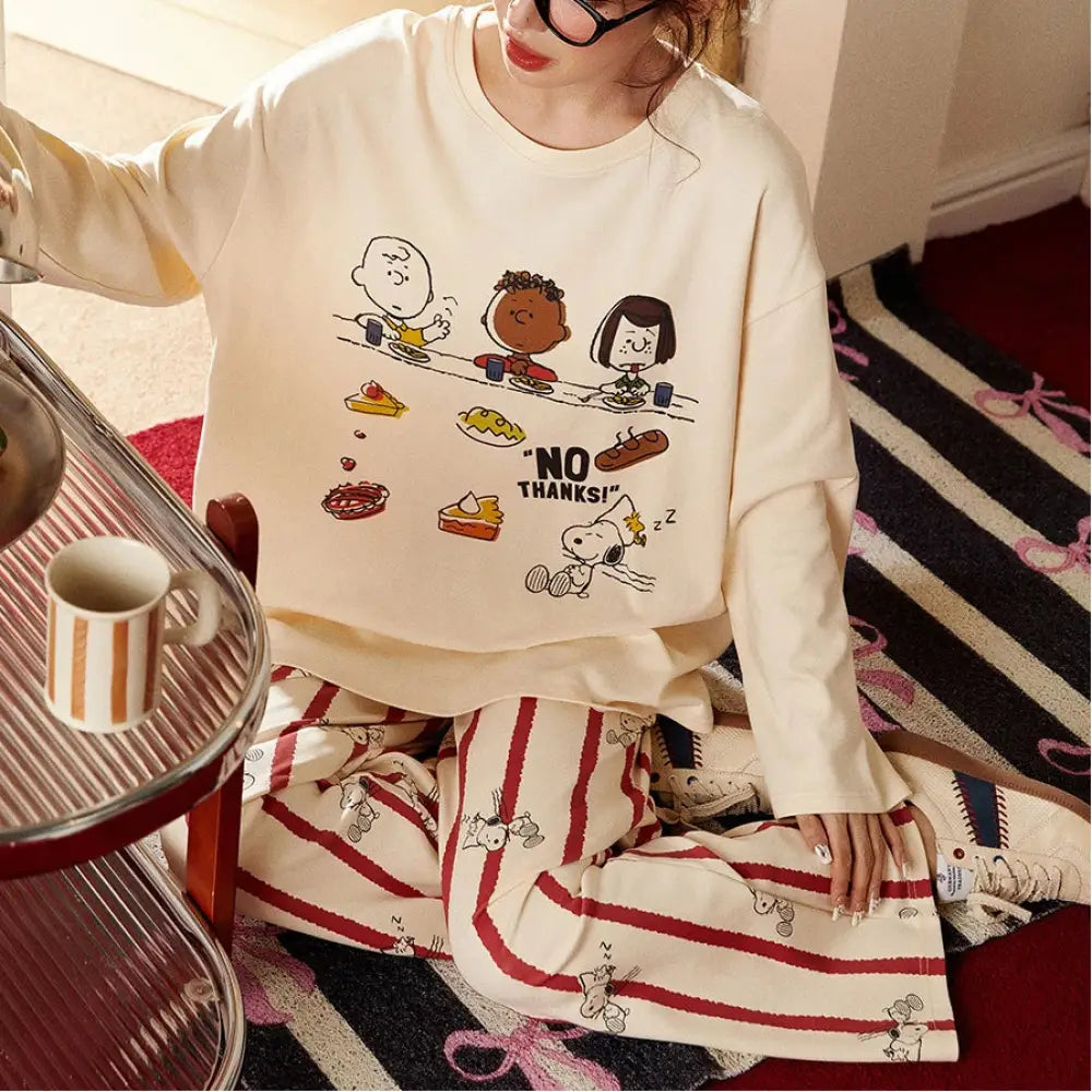 スヌーピー コットン パジャマ レディース 長袖 リラックス 春秋 部屋着 セット ID4173 写真通り / M
