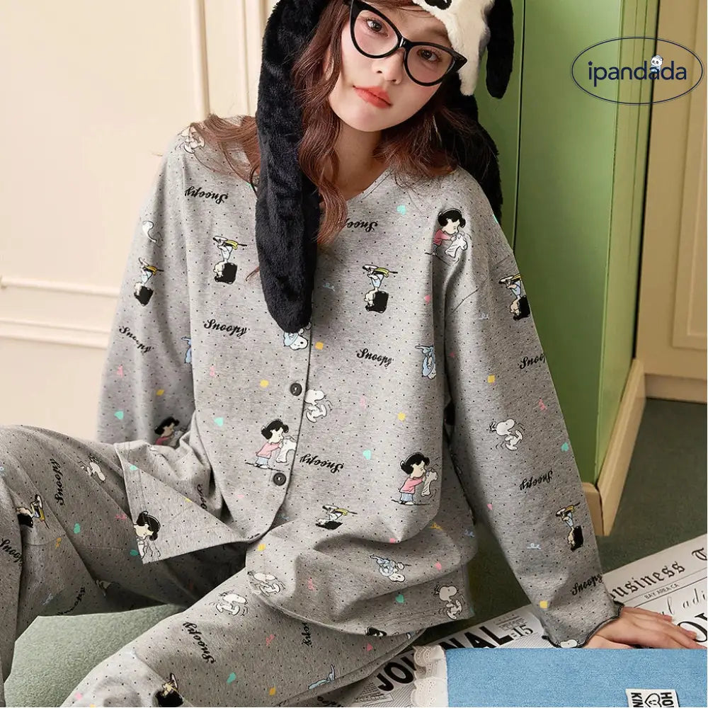 【ギフト】スヌーピー 綿 パジャマ レディース 上下セット セットアップ 春秋 リラックス 可愛い プリント キャラクター 長袖 ルームウェア ID4316 レディース＞セットアップ
