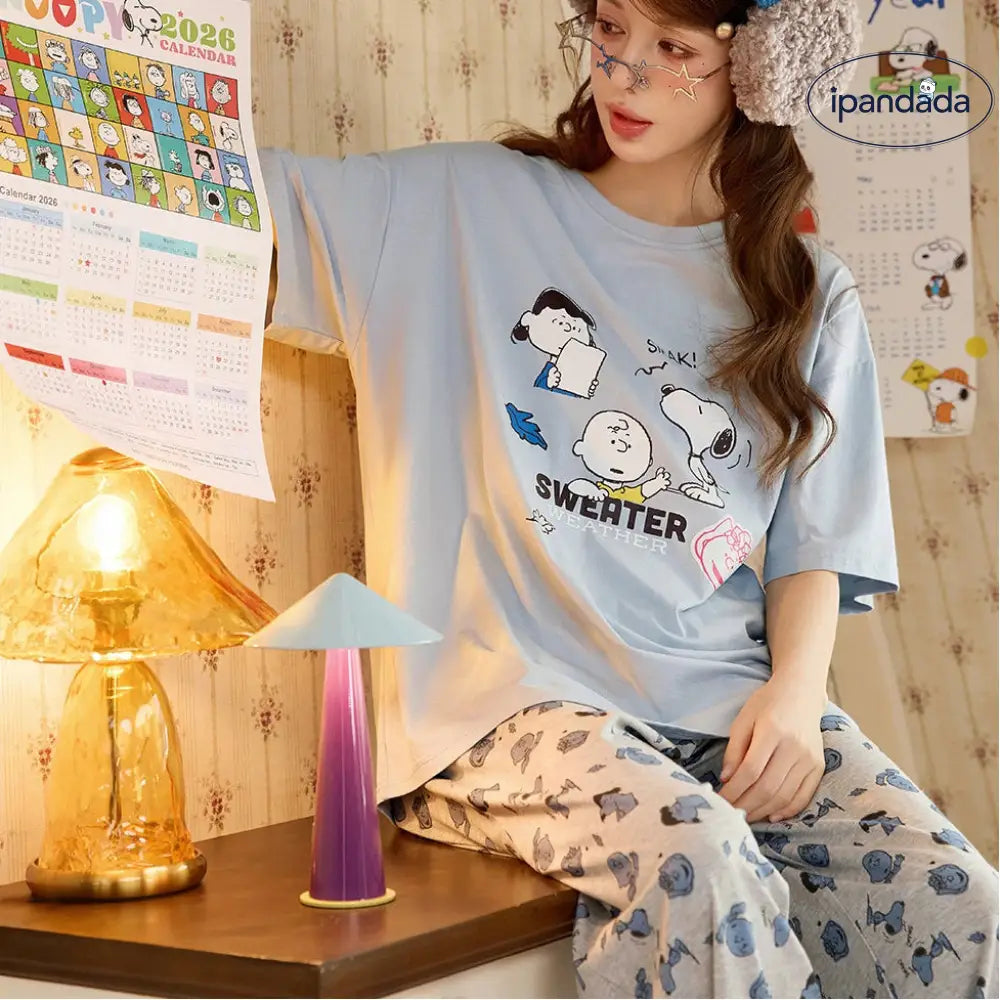 スヌーピー 綿 レディース パジャマ 春夏 カートゥーン 寝間着 ロングパンツ セットアップ リラックスウェア 半袖 プリント 長ズボン ルームウェア ID4384 レディース＞セットアップ