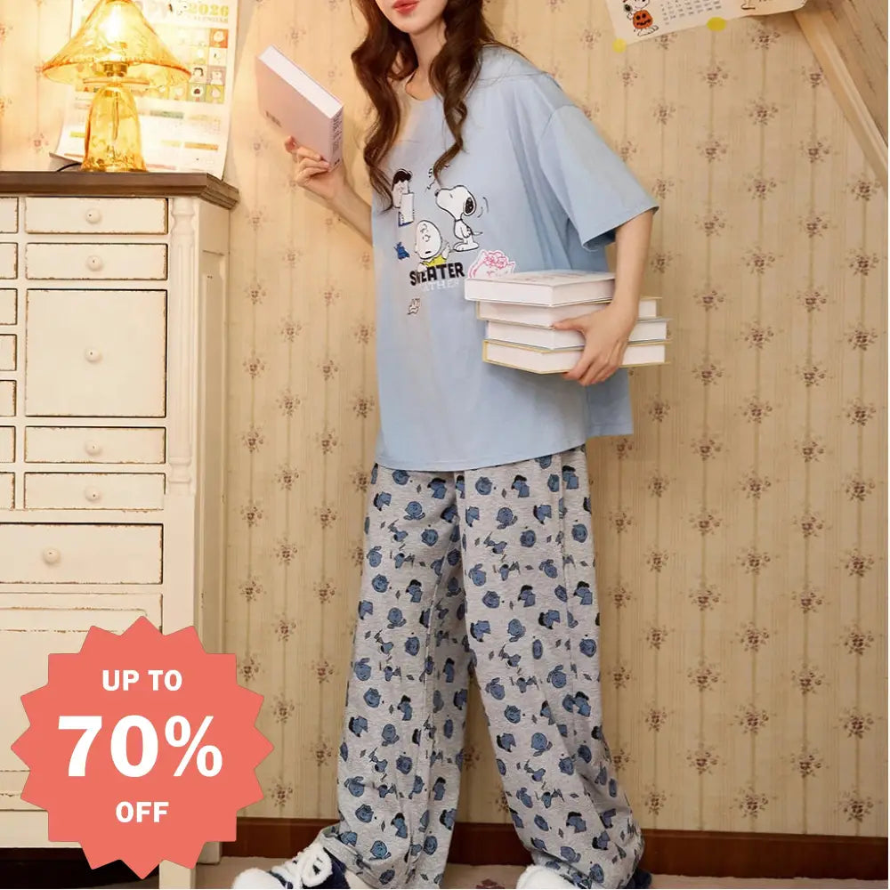 スヌーピー 綿 レディース パジャマ 春夏 カートゥーン 寝間着 ロングパンツ セットアップ リラックスウェア 半袖 プリント 長ズボン ルームウェア ID4384 写真通り / M レディース＞セットアップ