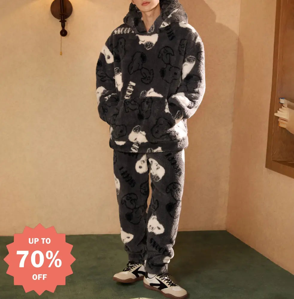 スヌーピー 秋冬 コーラルフリース パジャマ メンズ 厚手 キャラクター カジュアルルームウェア ID3502 写真通り / L