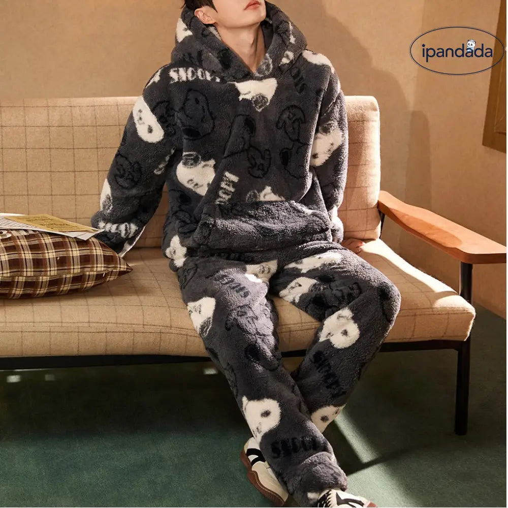 スヌーピー 秋冬 コーラルフリース パジャマ メンズ 厚手 キャラクター カジュアルルームウェア ID3502