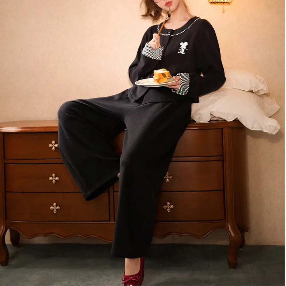 スヌーピー 秋冬用 パジャマ レディース 厚手 オーストラリアンフリース 保温 カートゥーン カーディガン ルームウェア クリスマスプレゼント ID3505 ブラック / M レディース＞セットアップ