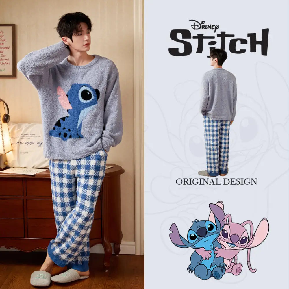 スティッチ カップル パジャマ レディース ソフト 冬用 ルームウェア メンズ ID3304 写真通り / メンズL