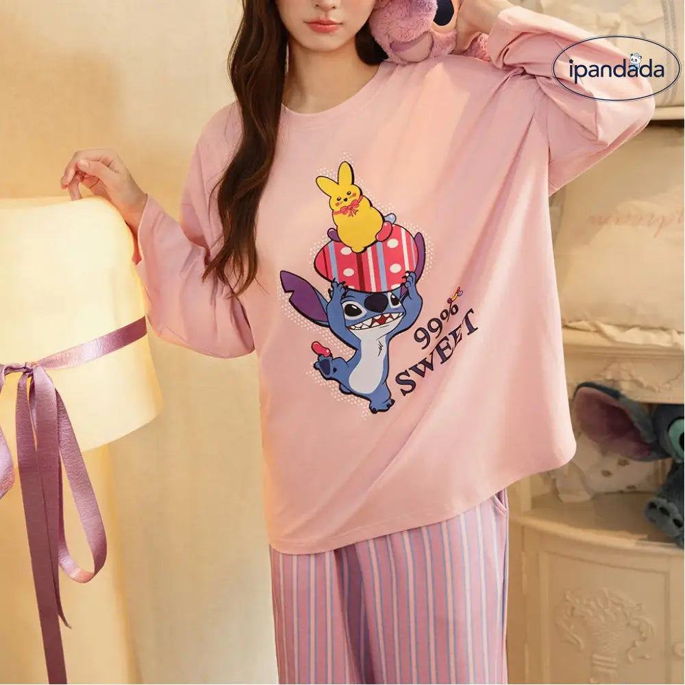 スティッチ パジャマ セット 春秋 新作 長袖 ルームウェア 女子 かわいい 部屋着 2点セット 肌触り最高 ID4100