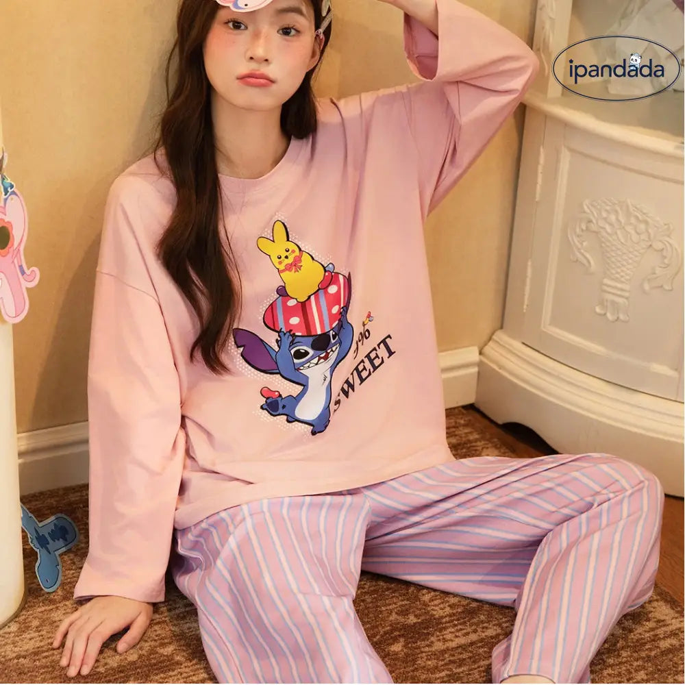 スティッチ パジャマ セット 春秋 新作 長袖 ルームウェア 女子 かわいい 部屋着 2点セット 肌触り最高 ID4100