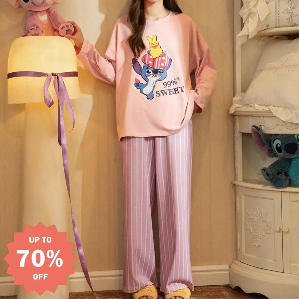 スティッチ パジャマ セット 春秋 新作 長袖 ルームウェア 女子 かわいい 部屋着 2点セット 肌触り最高 ID4100 写真通り / M