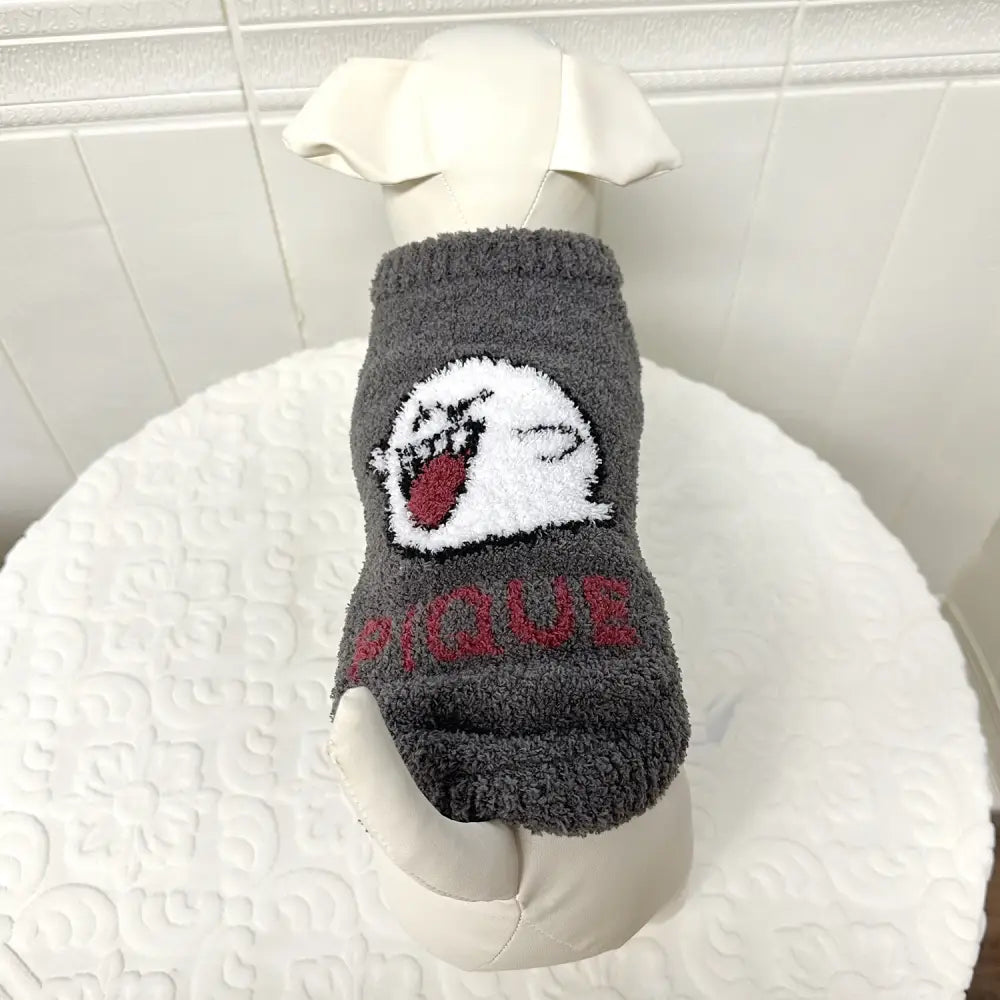 ゴースト キノコ ネコ 犬 ペット 小型動物 快適 服 ソフト ふわふわ 半分 フリース ID2864 ダークグレー / S