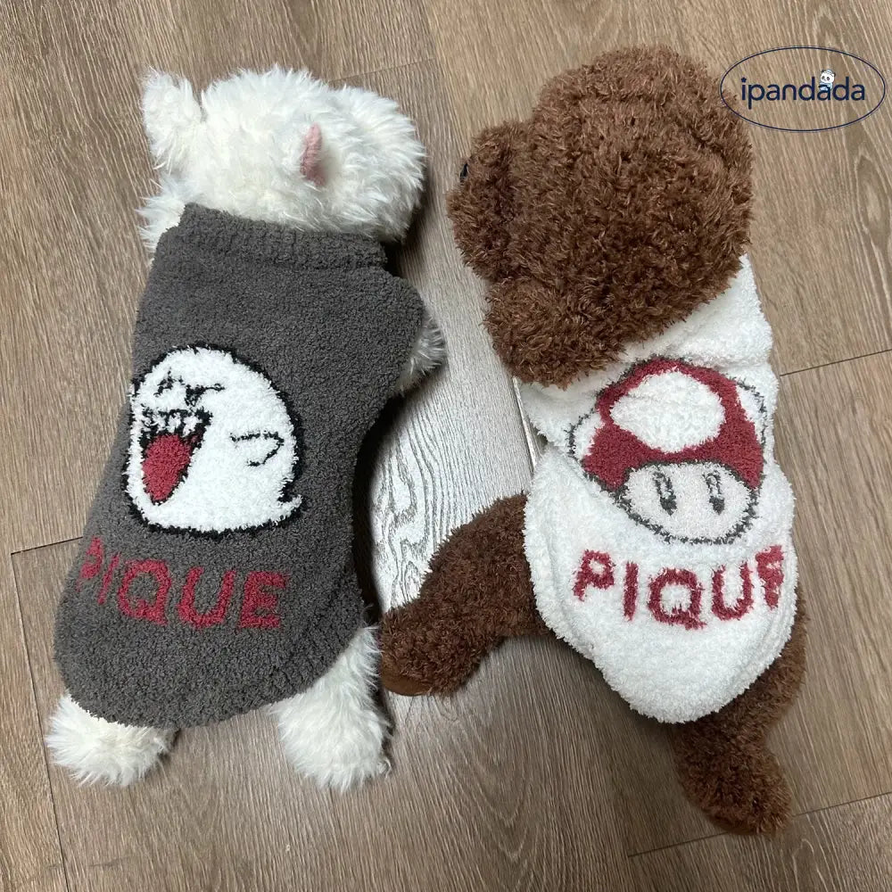 ゴースト キノコ ネコ 犬 ペット 小型動物 快適 服 ソフト ふわふわ 半分 フリース ID2864