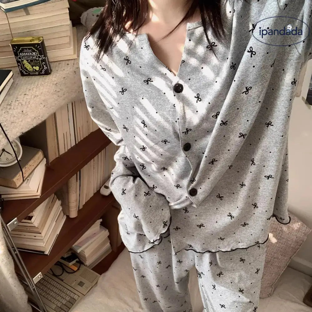 グレー レディース パジャマ 可愛い 前開き 春 夏 秋 新作 長袖 長ズボン Vネック デザイン ブランド ルームウェア セットアップ ID4551 レディース＞セットアップ