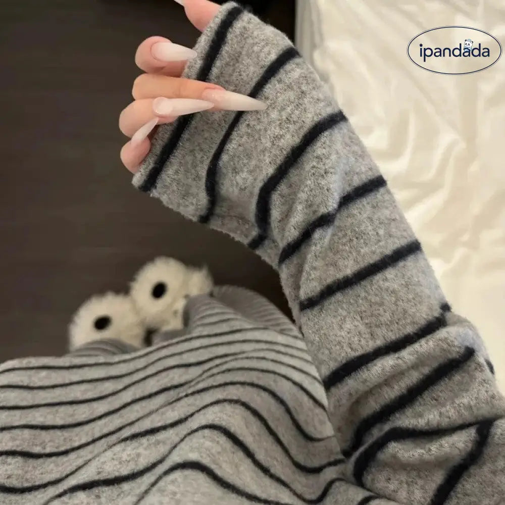 グレー ストライプ パジャマ 新作 保温 ゆったり かわいい 可愛い ルームウェア 女子 シンプル 部屋着 長袖 ID4055 レディース＞セットアップ