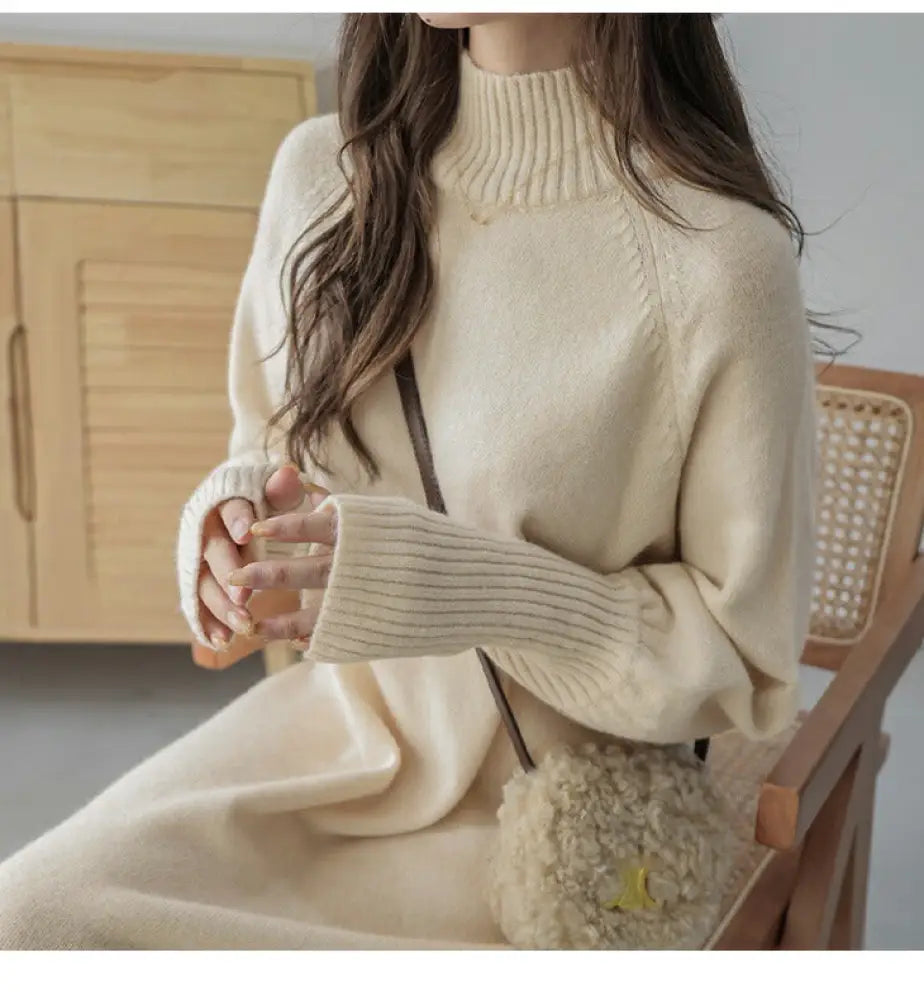 ハイネック 指穴袖 リブ ボリューム袖 マキシ丈 ロング ニットワンピース レディース おすすめ おしゃれ ブラック フリーサイズ ID2839 アイボリー / フリー