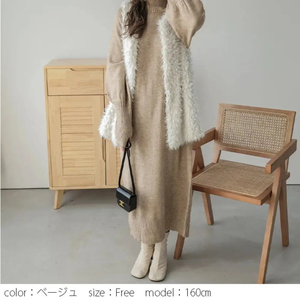 ハイネック 指穴袖 リブ ボリューム袖 マキシ丈 ロング ニットワンピース レディース おすすめ おしゃれ ブラック フリーサイズ ID2839 ベージュ / フリー