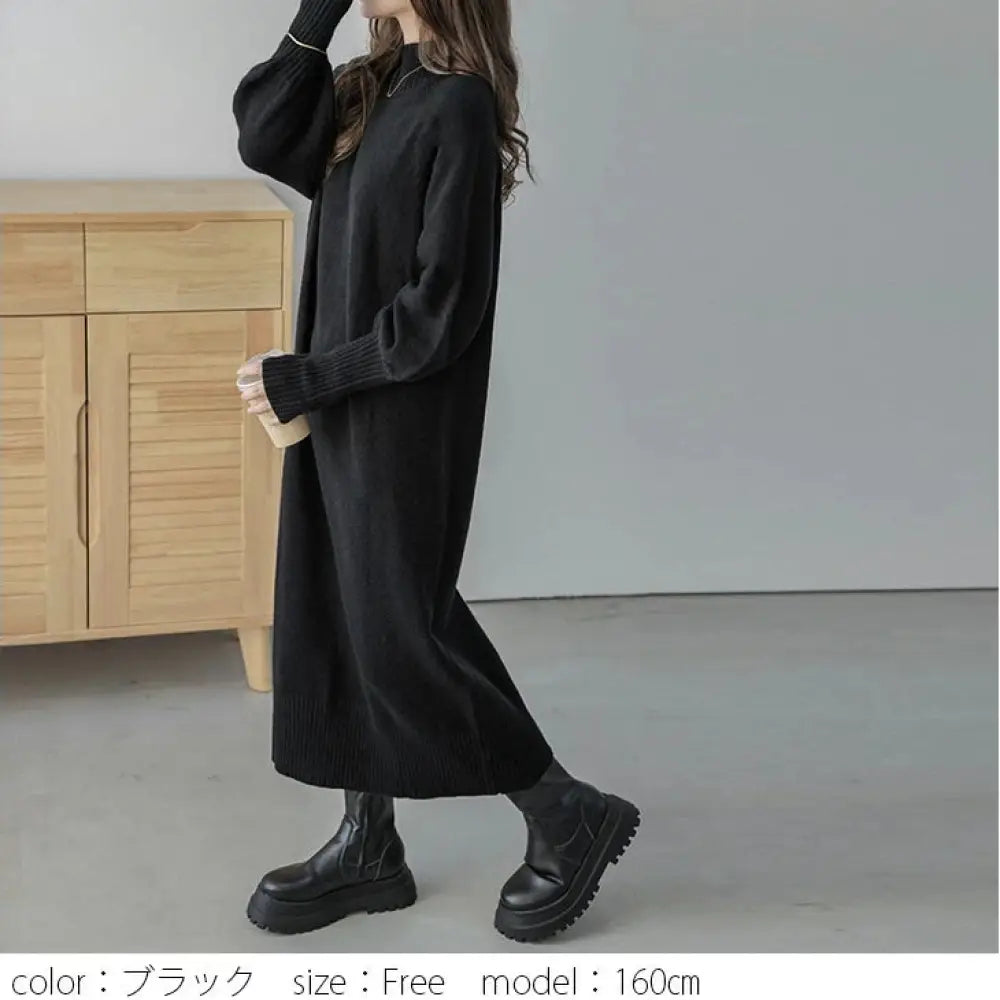 ハイネック 指穴袖 リブ ボリューム袖 マキシ丈 ロング ニットワンピース レディース おすすめ おしゃれ ブラック フリーサイズ ID2839 ブラック / フリー