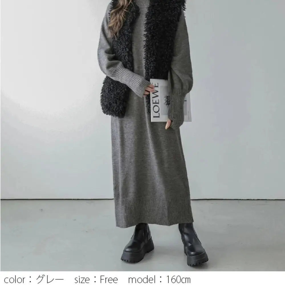 ハイネック 指穴袖 リブ ボリューム袖 マキシ丈 ロング ニットワンピース レディース おすすめ おしゃれ ブラック フリーサイズ ID2839 グレー / フリー