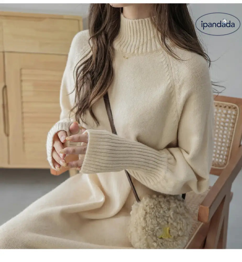 ハイネック 指穴袖 リブ ボリューム袖 マキシ丈 ロング ニットワンピース レディース おすすめ おしゃれ ブラック フリーサイズ ID2839