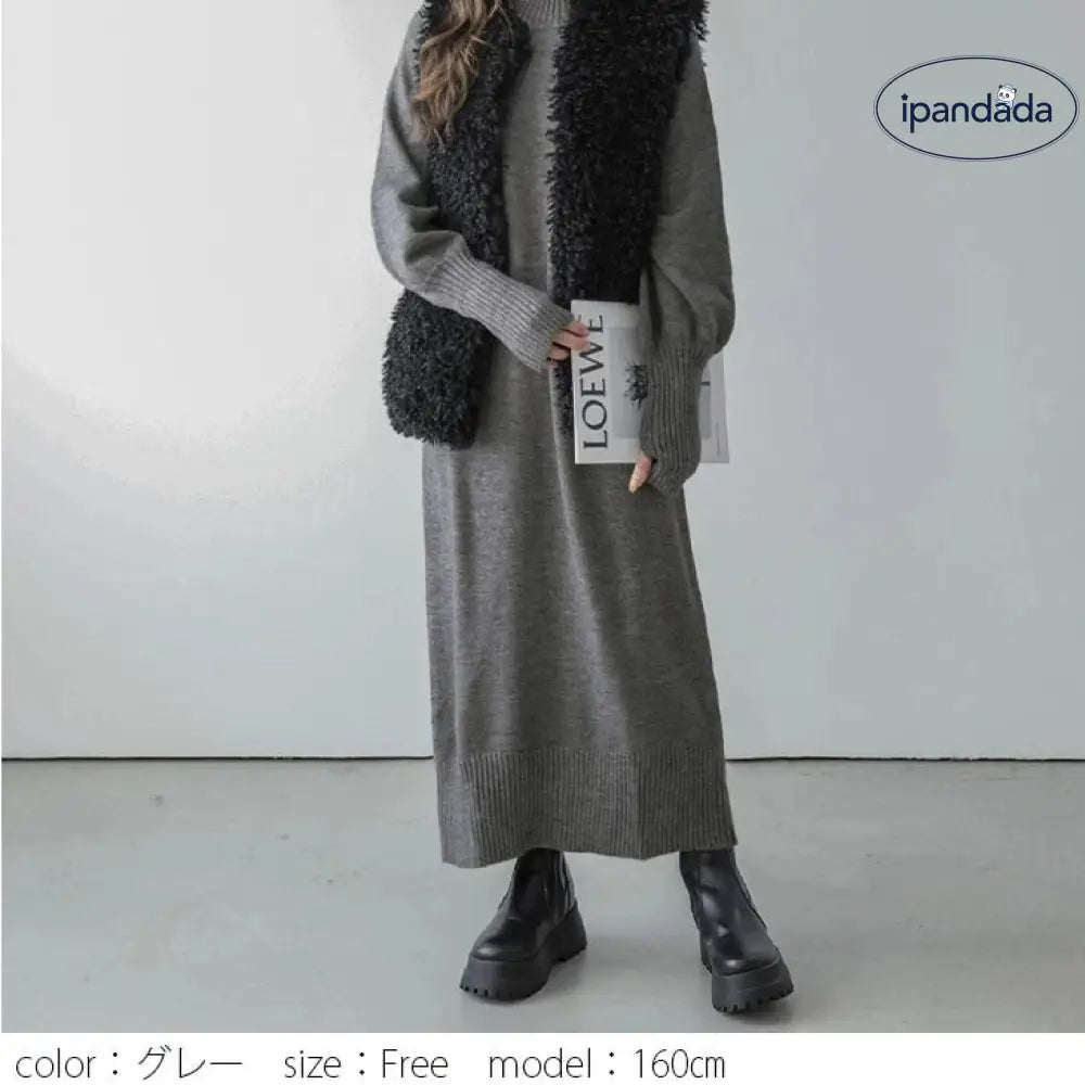 ハイネック 指穴袖 リブ ボリューム袖 マキシ丈 ロング ニットワンピース レディース おすすめ おしゃれ ブラック フリーサイズ ID2839