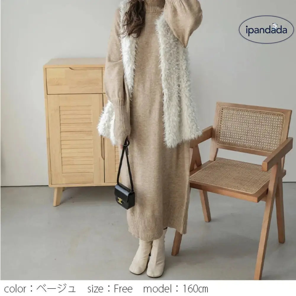 ハイネック 指穴袖 リブ ボリューム袖 マキシ丈 ロング ニットワンピース レディース おすすめ おしゃれ ブラック フリーサイズ ID2839