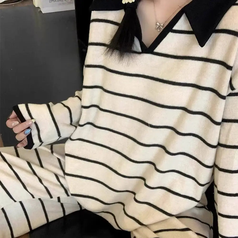 韓国風 バイカラー ストライプ 長袖 パジャマ レディース 春用 新作 ゆったり ラウンジウェア 外出可 セットアップ ID4503 ホワイト / S