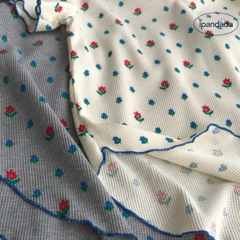 ID1482 韓国風 フリル付き フラワープリント ヴィンテージカラー コンビネーション ショートスリーブ Tシャツ レディース 夏用 薄手 ゆったり シルエット 丸首 花柄 トップス